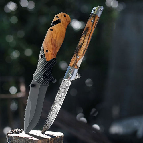 Wood & Carbon-Fiber Folding Knife Set of 2