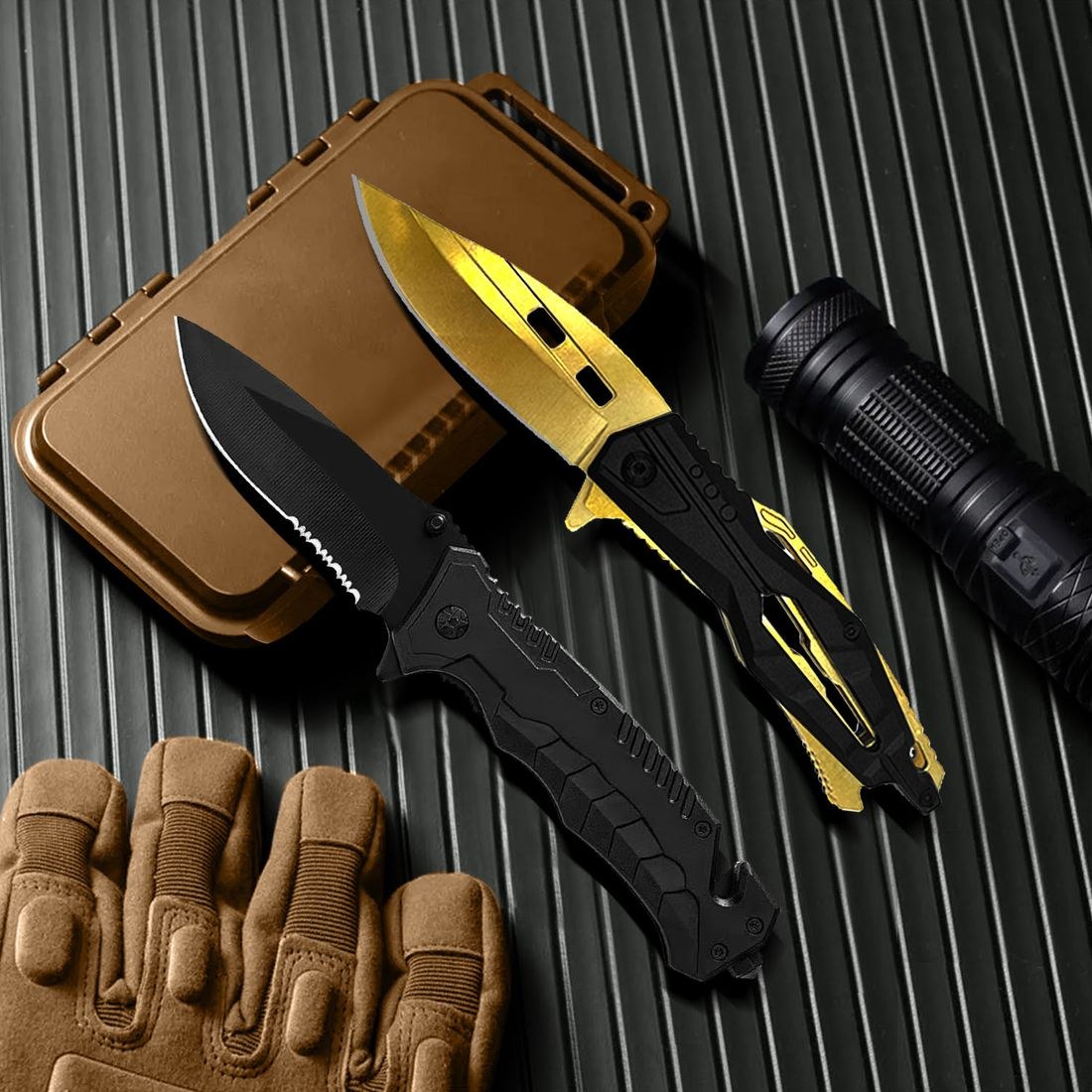 Tactical Folding Knife Set of 2, Black & Gold
