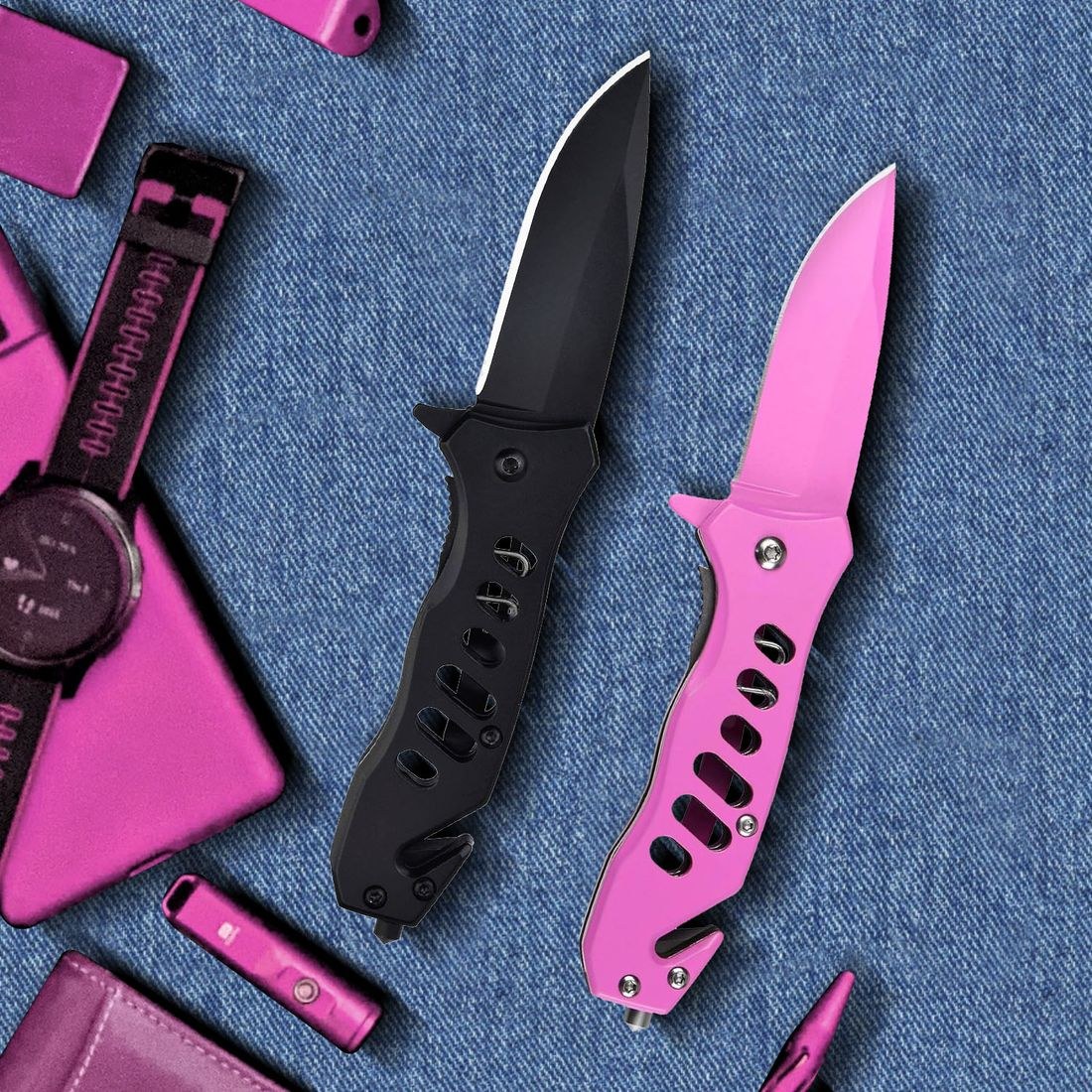 Folding Knife Set of 2, Black & Pink