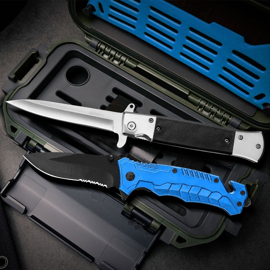 Folding Knife Set of 2, Blue & Silver