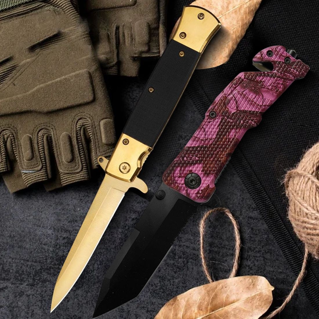 Folding Knife Set of 2, Gold & Pink Camo