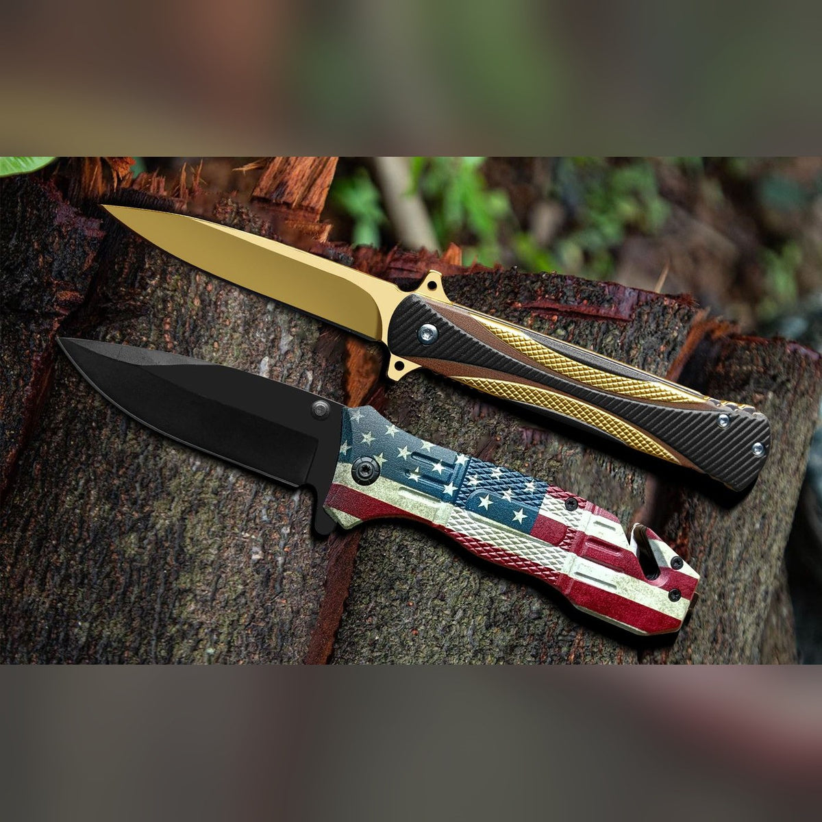 Spring-Assisted Knife Set of 2, Gold & Flag