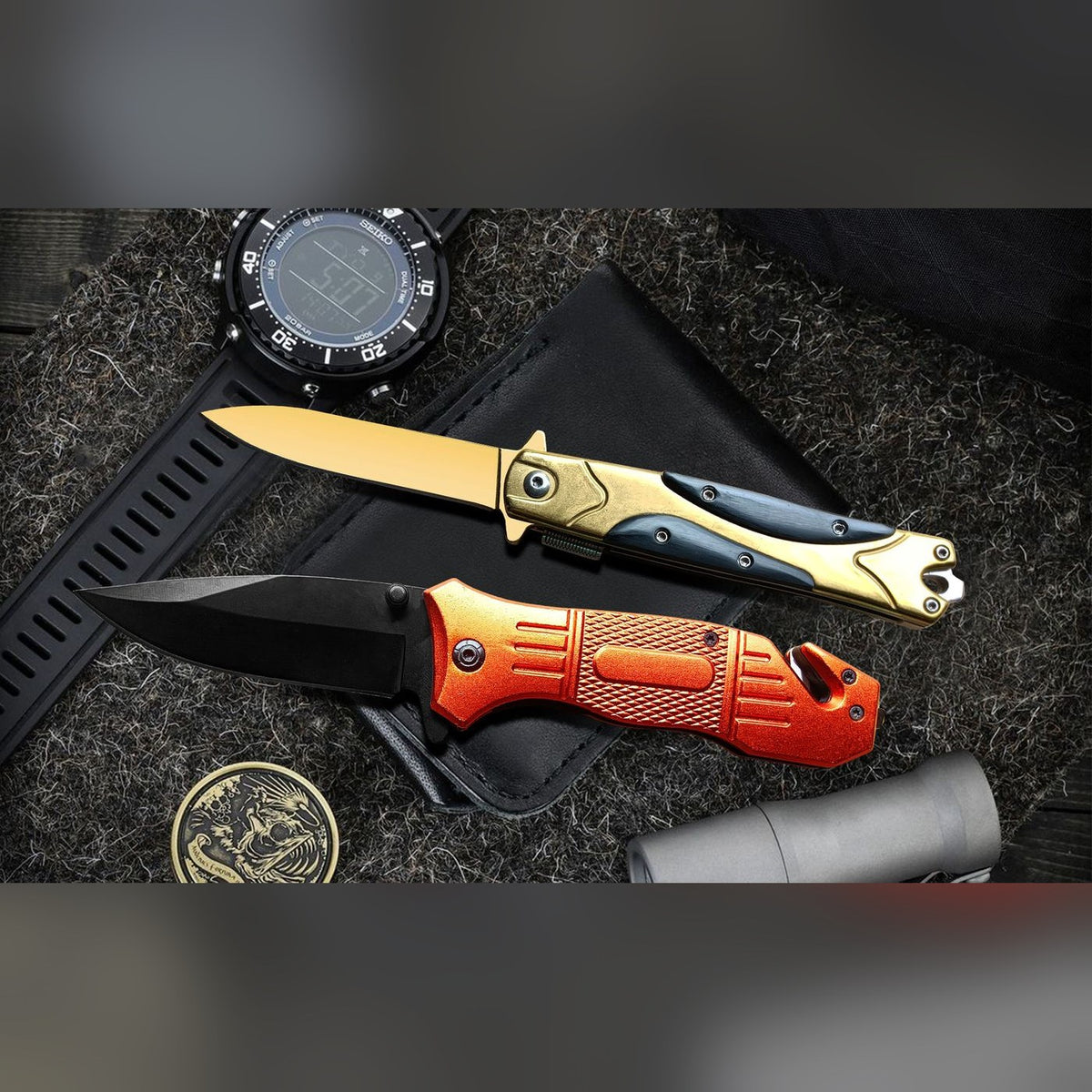 Spring-Assisted Knife Set of 2, Orange & Gold