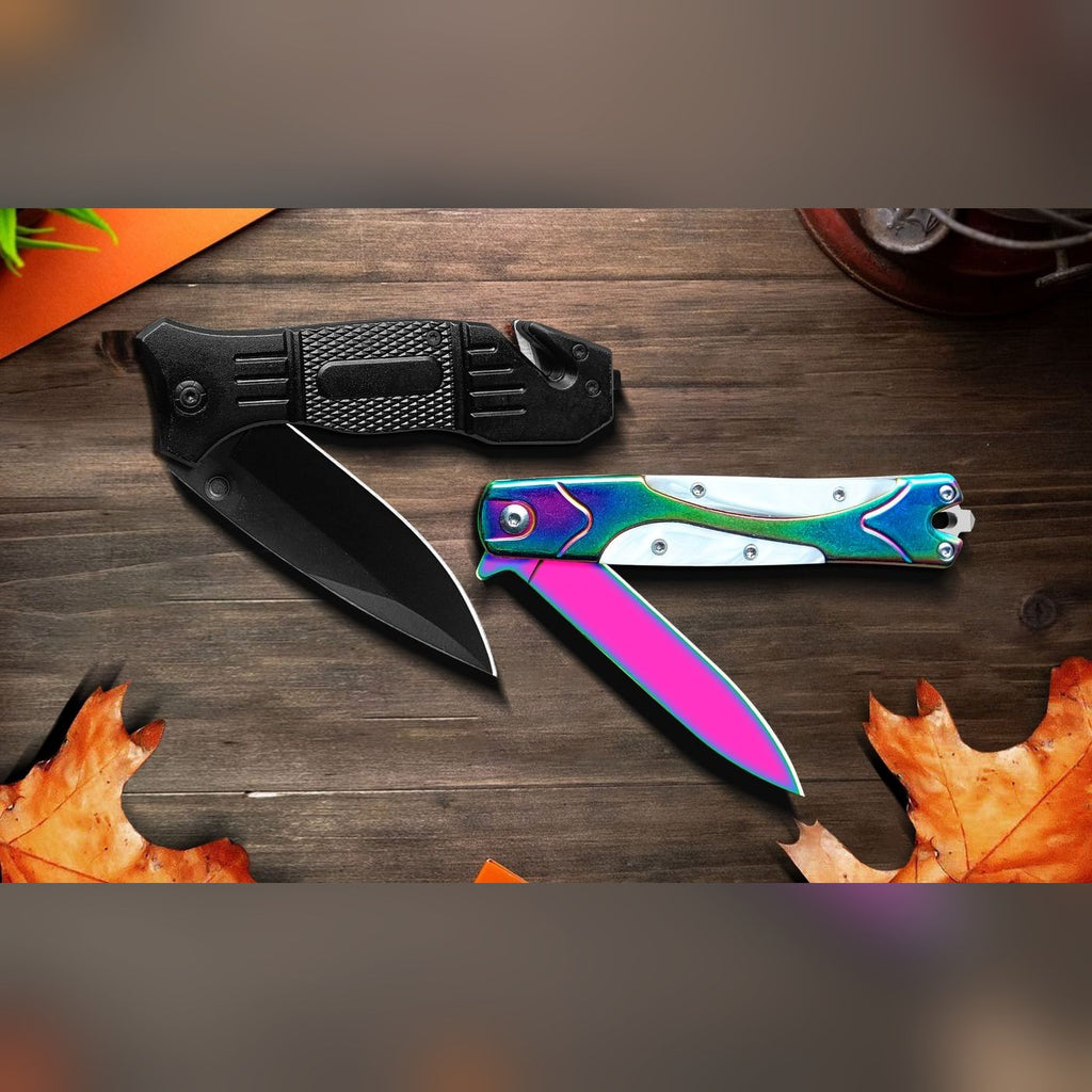 Spring-Assisted Knife Set of 2, Black & Rainbow